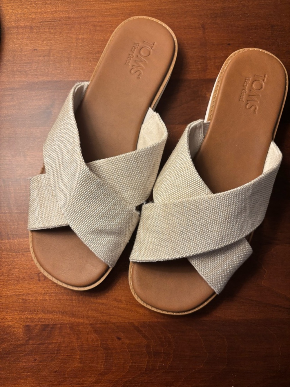 TOMS Beige Cross-Over Slide Sandals with Tan Footbed